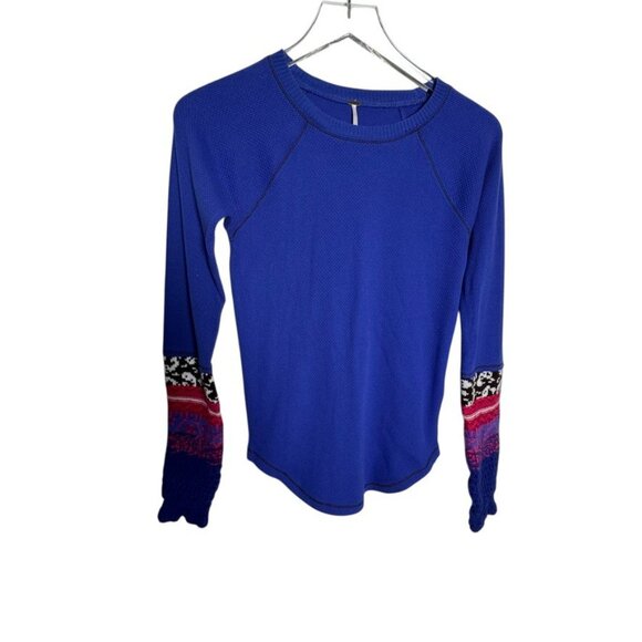 Free People Women’s Size Medium Royal Blue Thermal Top Long Sleeve knit cuff - Picture 12 of 12